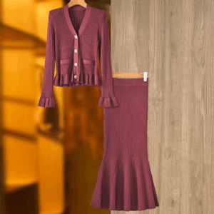 Lady Spring New Arrival V-Neck Long Sleeve Single-Breasted Ruffles Cardigan Midi Skirt Women Solid Knit Twin Sets