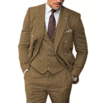 3 Pieces Business Mens Herringbone Suit Wedding Prom Vintage Formal Suits for Wedding Groomsemen