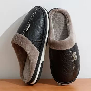 Men'S Slippers Winter Big Size Indoor Waterproof PU Leather