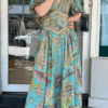 Vintage Lantern Sleeve V Neck Maxi Women Babyoung Printing Chic Party Dress, 2025 Spring Summer Ladies Casual Dresses