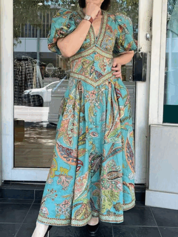 Vintage Lantern Sleeve V Neck Maxi Women Babyoung Printing Chic Party Dress, 2025 Spring Summer Ladies Casual Dresses