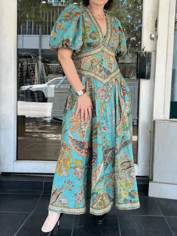 Vintage Lantern Sleeve V Neck Maxi Women Babyoung Printing Chic Party Dress, 2025 Spring Summer Ladies Casual Dresses