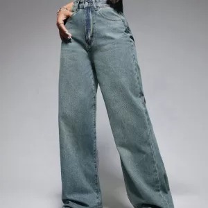 Washed Wide-Leg Jeans with Slanted Pockets Baggy Jeans
