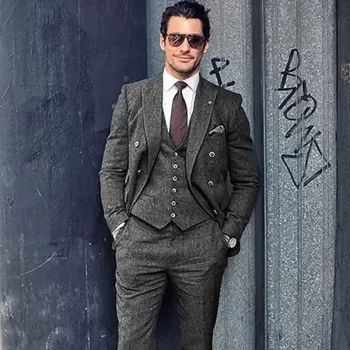 3 Pieces Business Mens Herringbone Suit Wedding Prom Vintage Formal Suits for Wedding Groomsemen