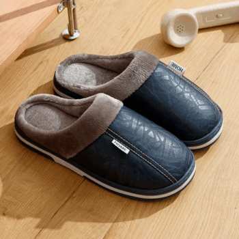 Men'S Slippers Winter Big Size Indoor Waterproof PU Leather
