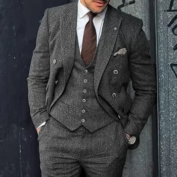 3 Pieces Business Mens Herringbone Suit Wedding Prom Vintage Formal Suits for Wedding Groomsemen